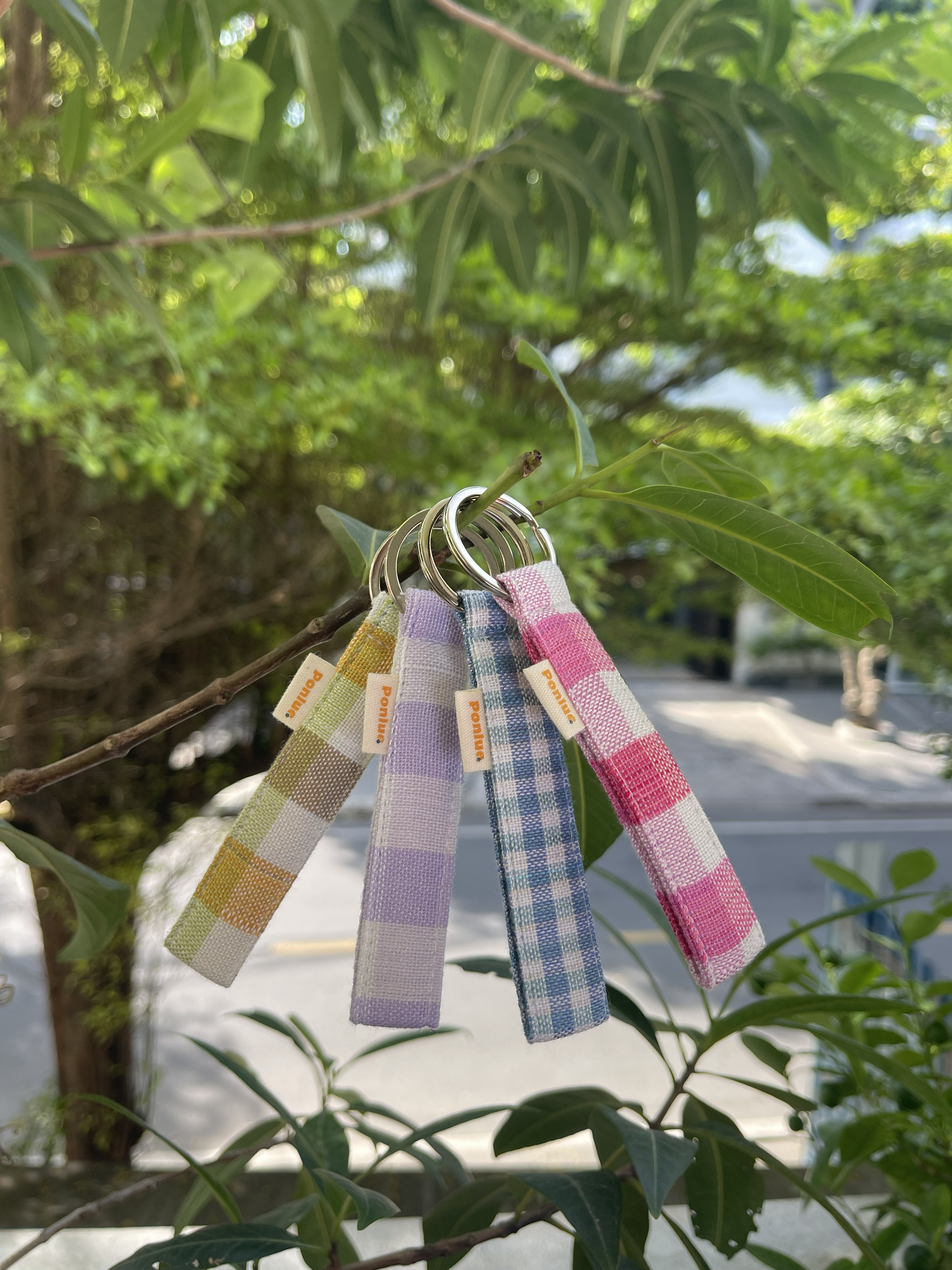 Ponlue Kroma keychains hanging from a tree branch outdoors