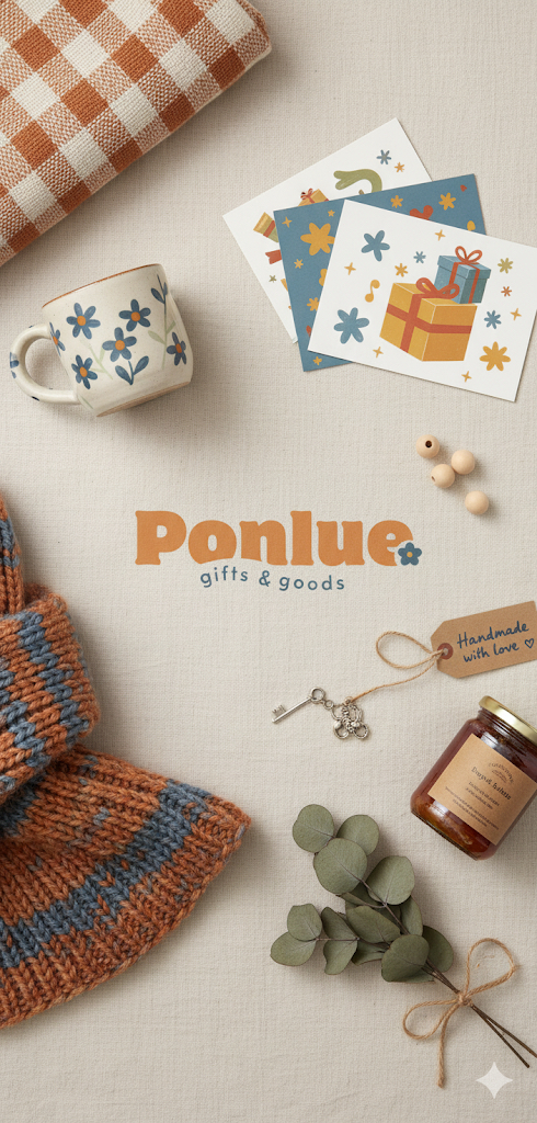 Ponlue gifts and goods lifestyle flatlay with warm handmade objects